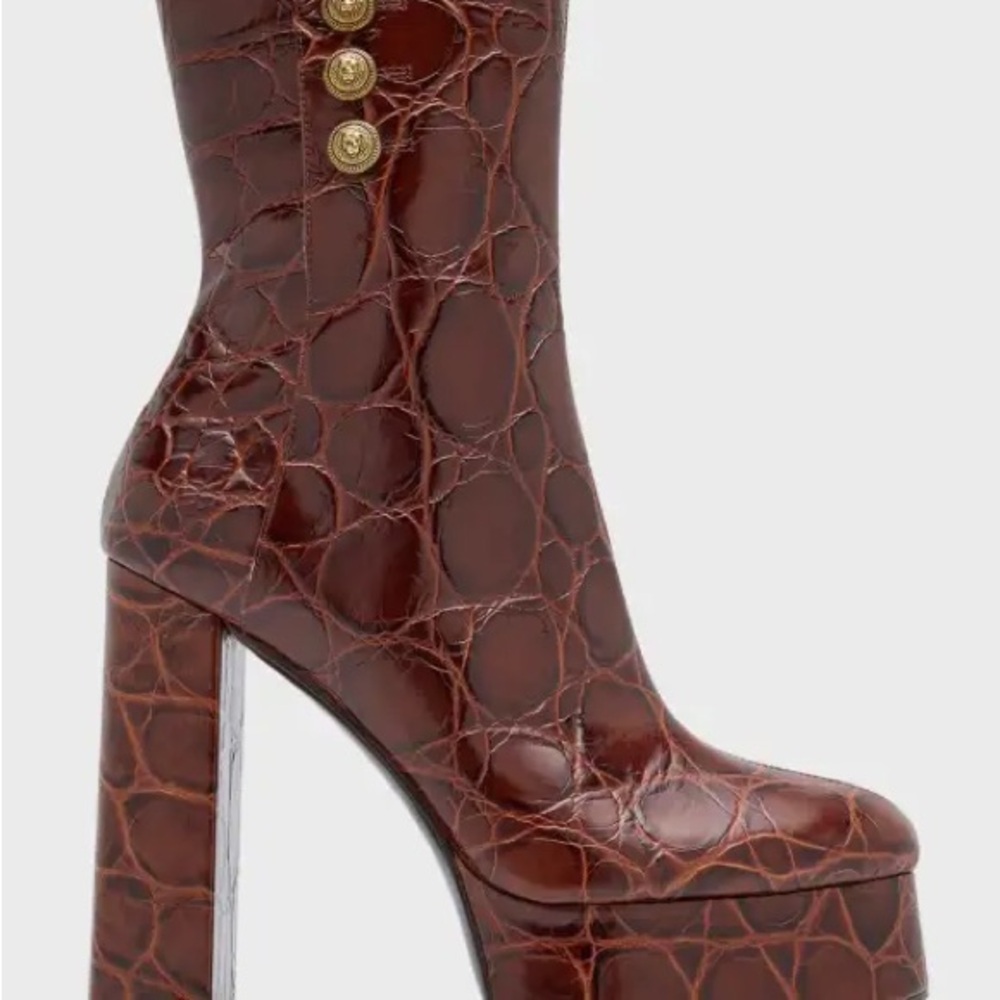 Balmain Brown Heeled Boots with Croc Embossed Finish
